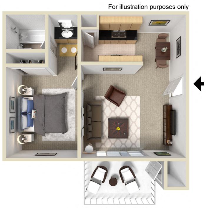 Floor plan for 1 bed, 1 bath, 600 sqft